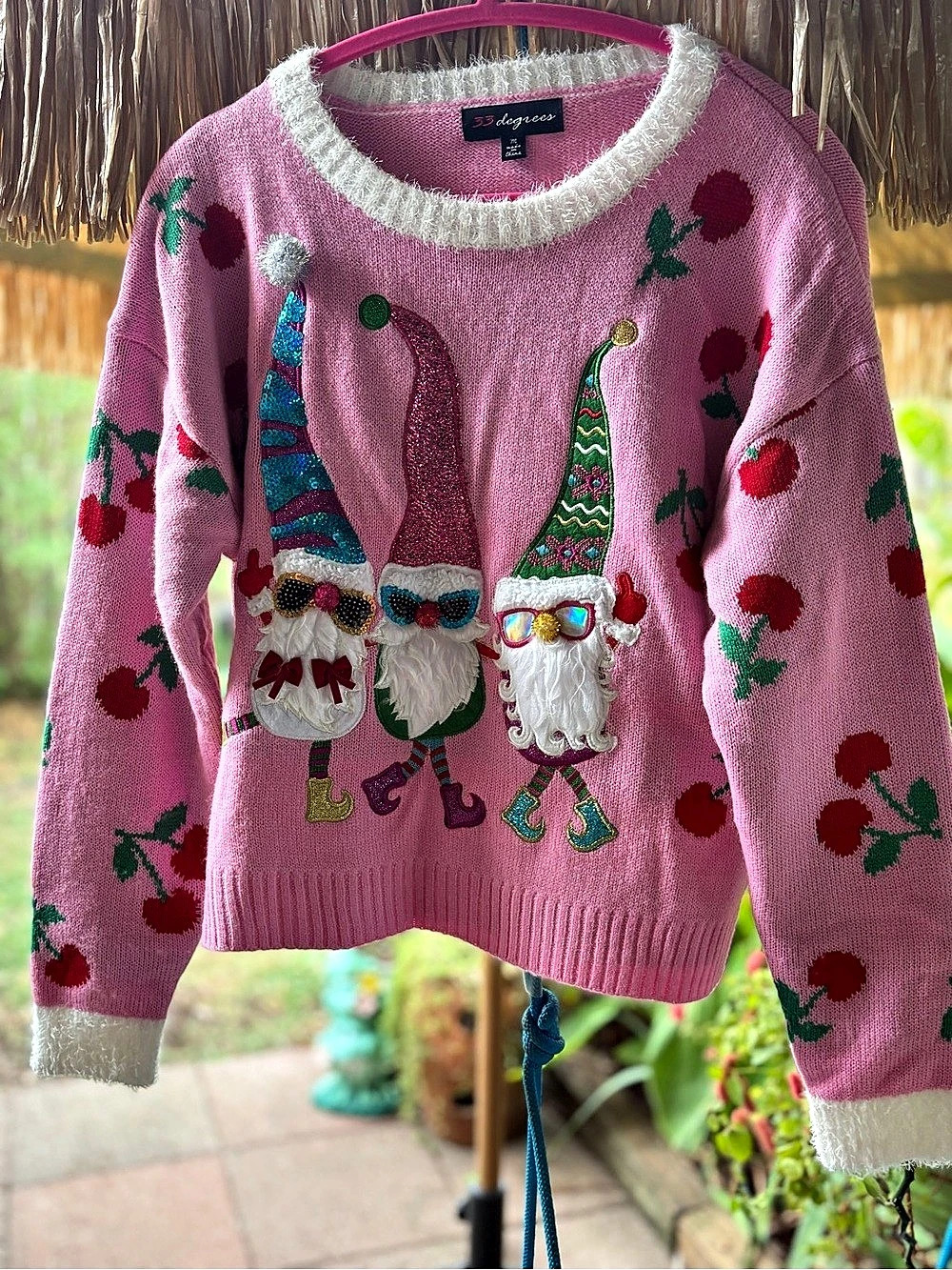 33 Degrees Pink Gnome Christmas Sweater with Cherry Pattern Medium